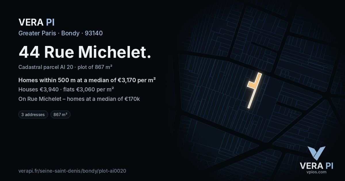 44 Rue Michelet, Bondy at night – the plot lit, the parcels around coloured by the prices near them