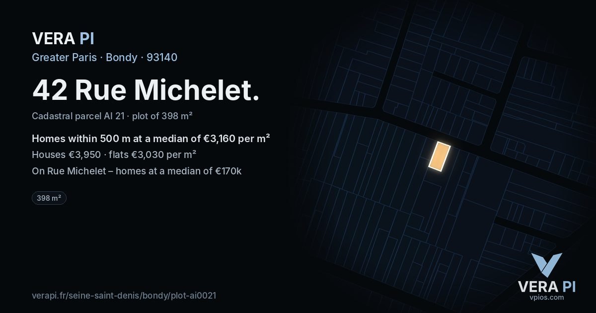 42 Rue Michelet, Bondy at night – the plot lit, the parcels around coloured by the prices near them