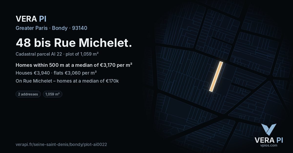 48 bis Rue Michelet, Bondy at night – the plot lit, the parcels around coloured by the prices near them