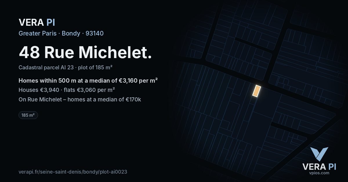 48 Rue Michelet, Bondy at night – the plot lit, the parcels around coloured by the prices near them