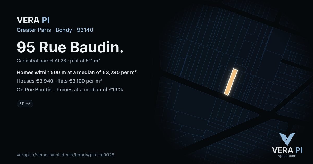 95 Rue Baudin, Bondy at night – the plot lit, the parcels around coloured by the prices near them