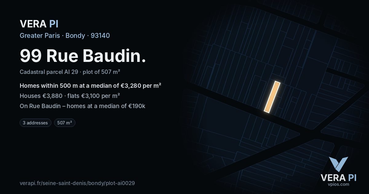 99 Rue Baudin, Bondy at night – the plot lit, the parcels around coloured by the prices near them