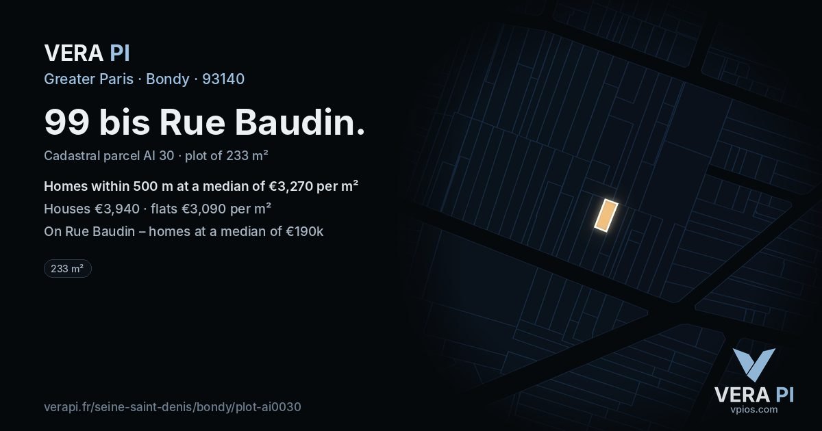 99 bis Rue Baudin, Bondy at night – the plot lit, the parcels around coloured by the prices near them