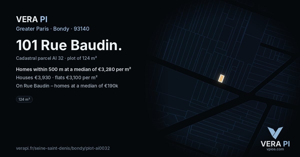 101 Rue Baudin, Bondy at night – the plot lit, the parcels around coloured by the prices near them