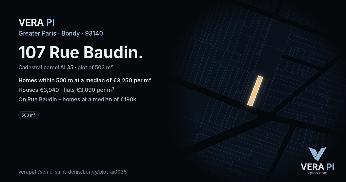 107 Rue Baudin, Bondy at night – the plot lit, the parcels around coloured by the prices near them