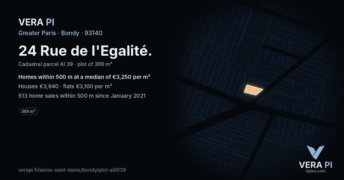 24 Rue de l'Egalité, Bondy at night – the plot lit, the parcels around coloured by the prices near them