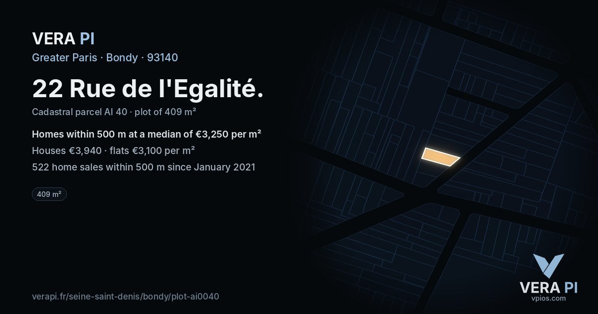 22 Rue de l'Egalité, Bondy at night – the plot lit, the parcels around coloured by the prices near them