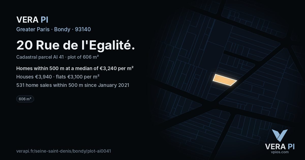 20 Rue de l'Egalité, Bondy at night – the plot lit, the parcels around coloured by the prices near them