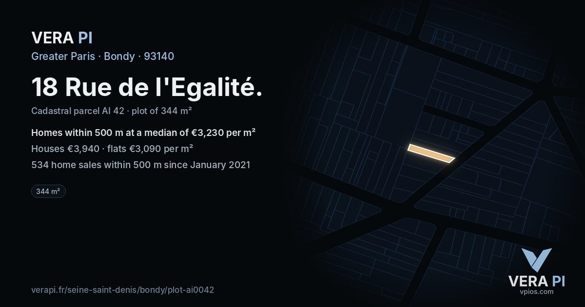 18 Rue de l'Egalité, Bondy at night – the plot lit, the parcels around coloured by the prices near them