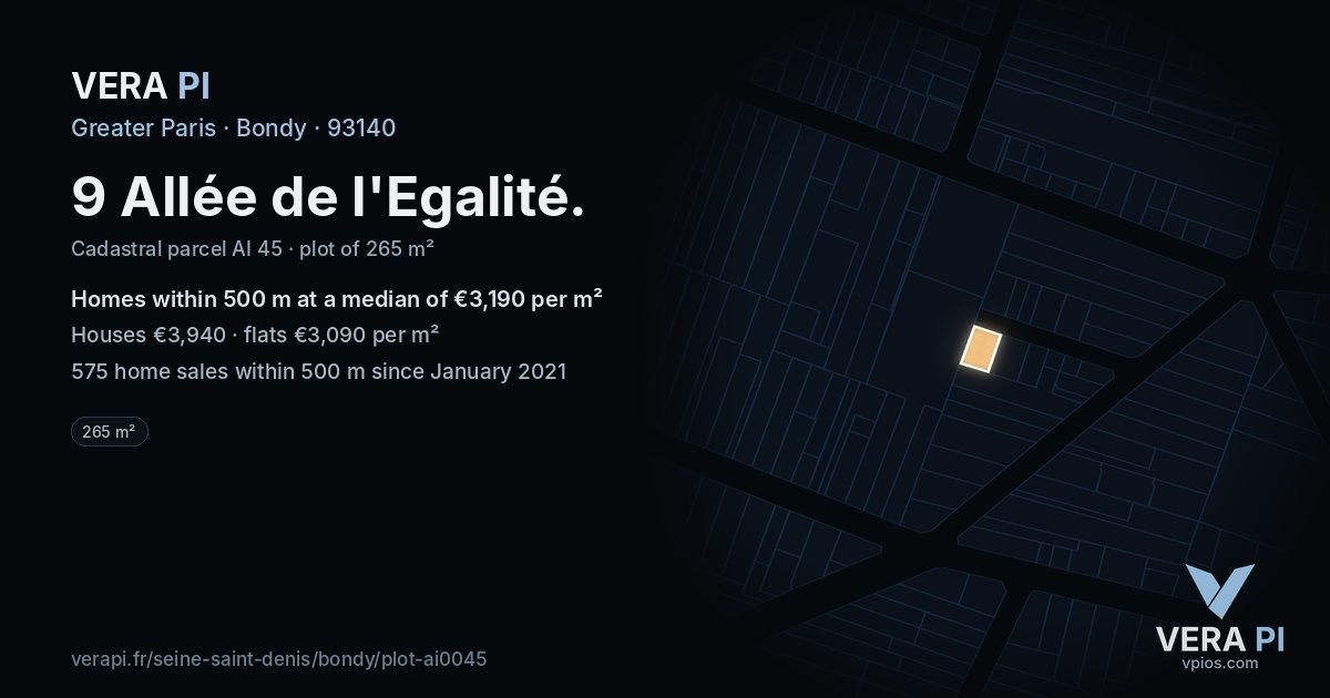 9 Allée de l'Egalité, Bondy at night – the plot lit, the parcels around coloured by the prices near them