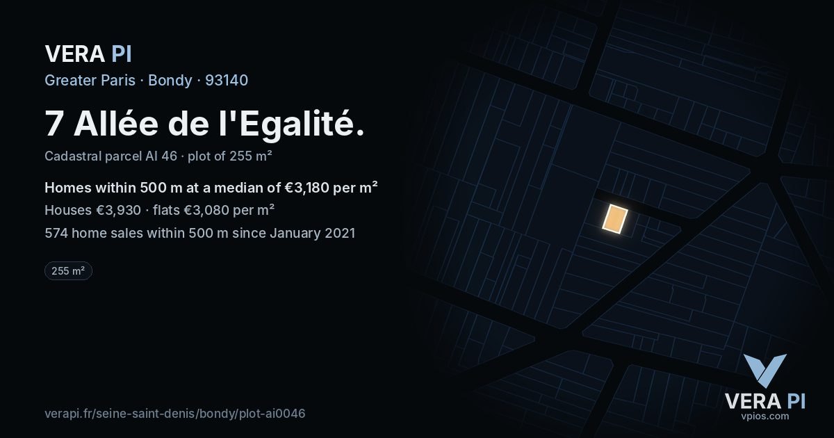 7 Allée de l'Egalité, Bondy at night – the plot lit, the parcels around coloured by the prices near them