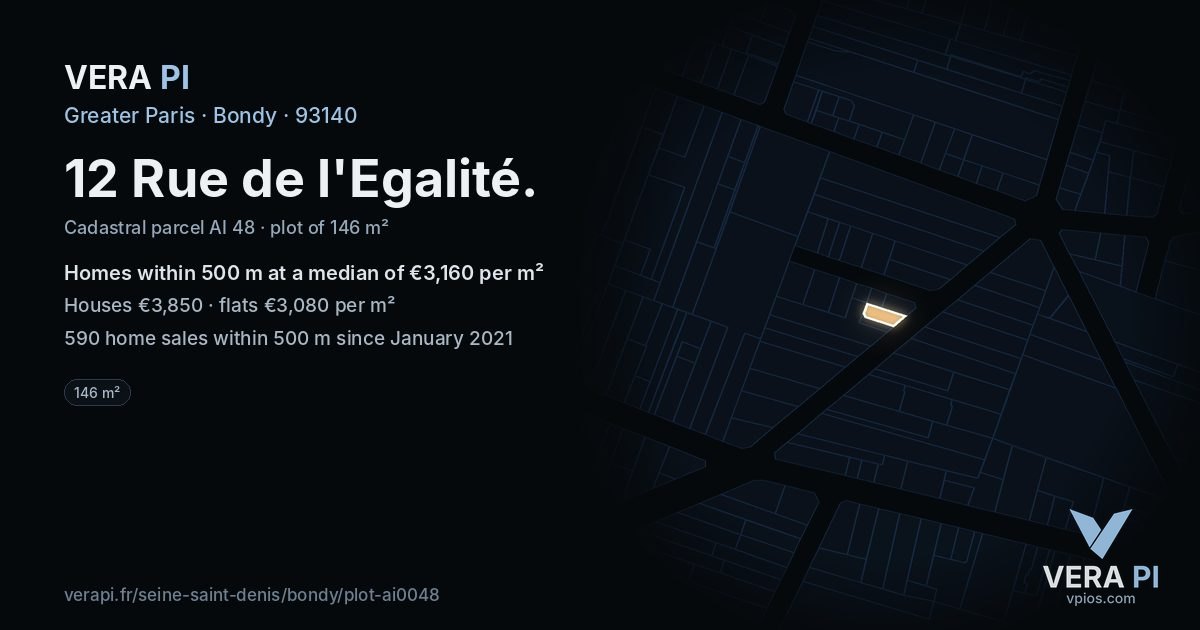 12 Rue de l'Egalité, Bondy at night – the plot lit, the parcels around coloured by the prices near them