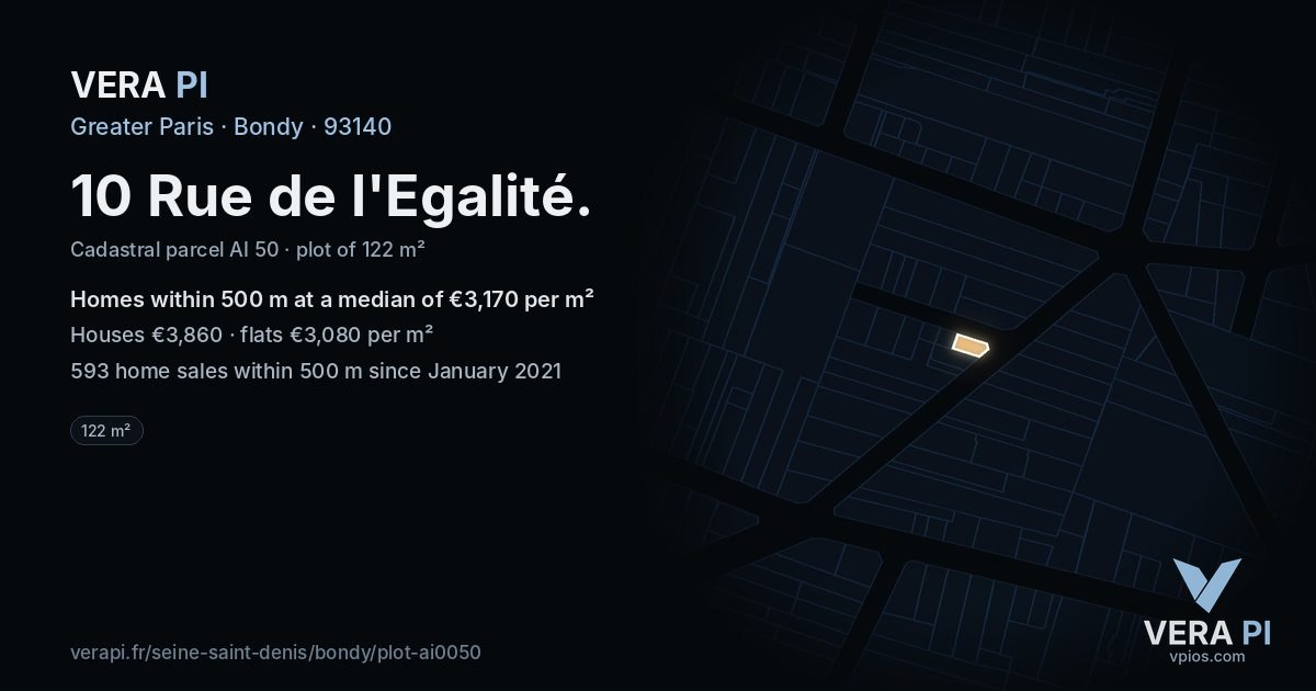10 Rue de l'Egalité, Bondy at night – the plot lit, the parcels around coloured by the prices near them