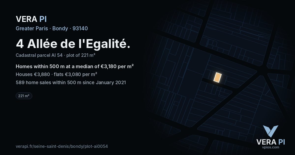 4 Allée de l'Egalité, Bondy at night – the plot lit, the parcels around coloured by the prices near them