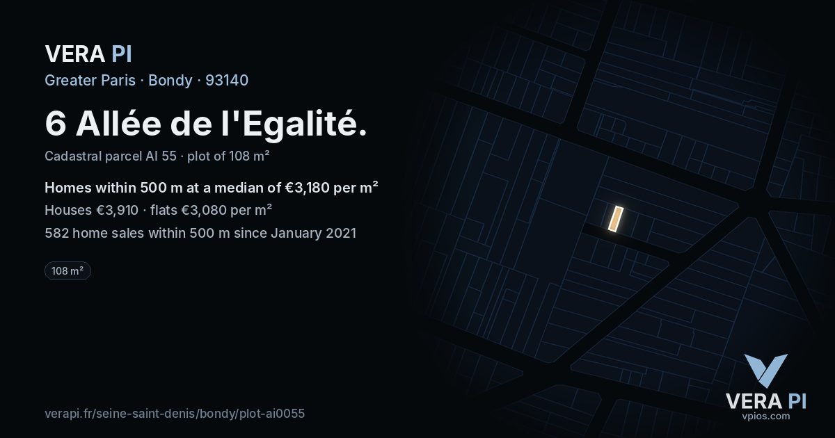 6 Allée de l'Egalité, Bondy at night – the plot lit, the parcels around coloured by the prices near them