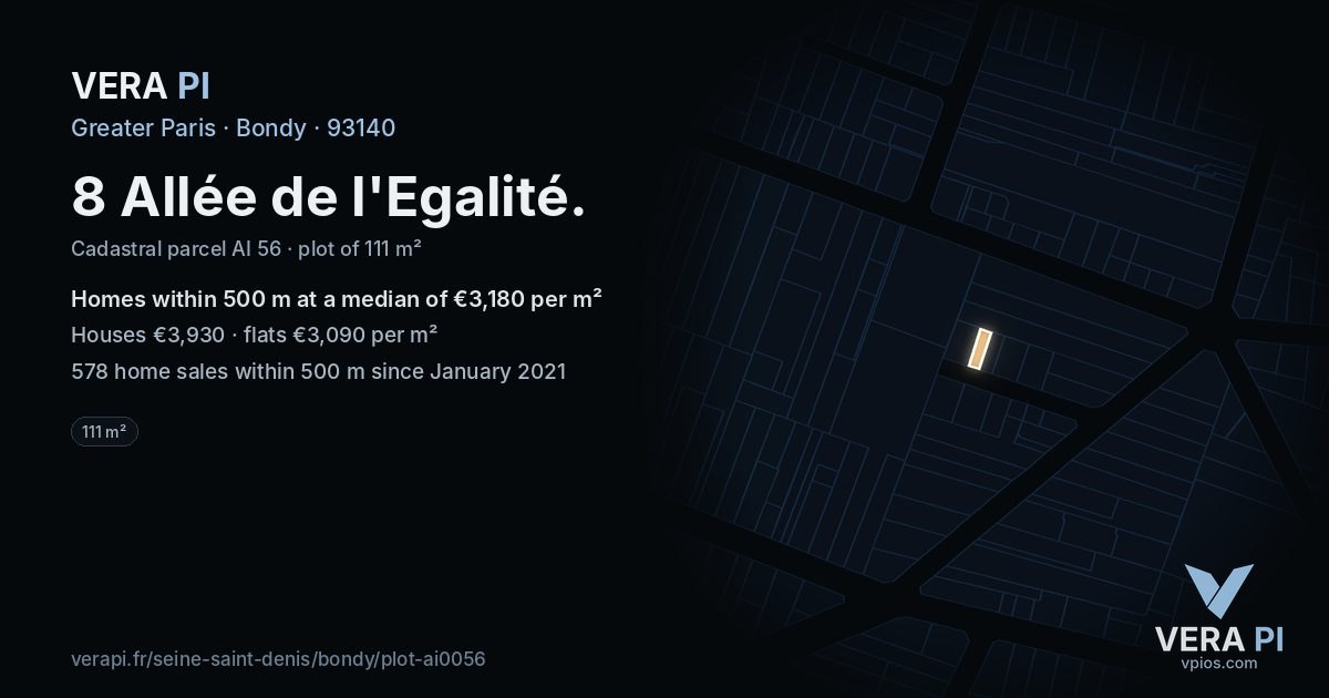 8 Allée de l'Egalité, Bondy at night – the plot lit, the parcels around coloured by the prices near them