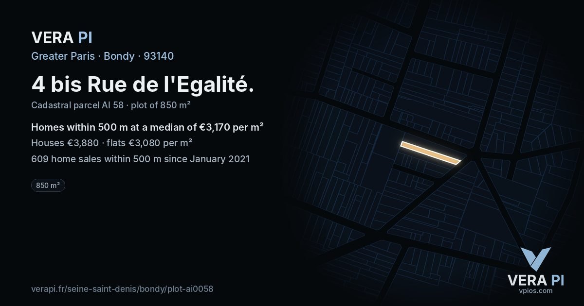 4 bis Rue de l'Egalité, Bondy at night – the plot lit, the parcels around coloured by the prices near them