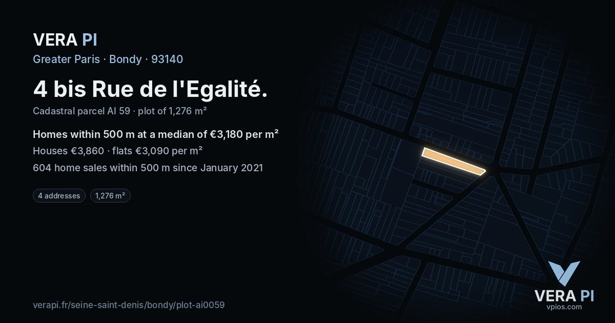 4 bis Rue de l'Egalité, Bondy at night – the plot lit, the parcels around coloured by the prices near them
