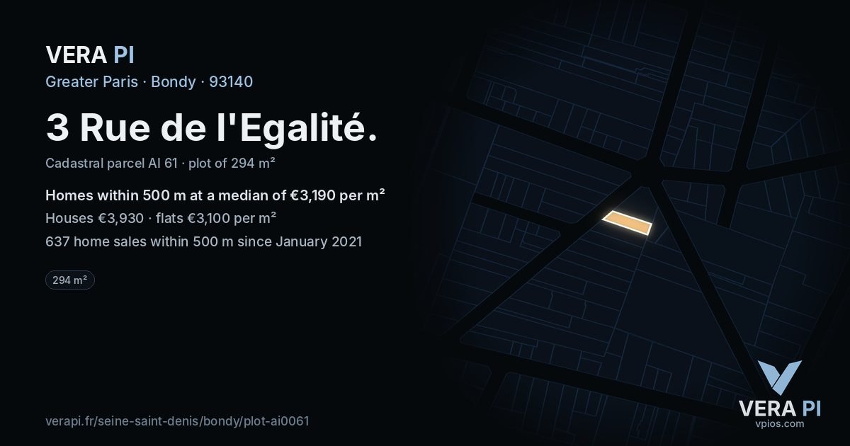 3 Rue de l'Egalité, Bondy at night – the plot lit, the parcels around coloured by the prices near them