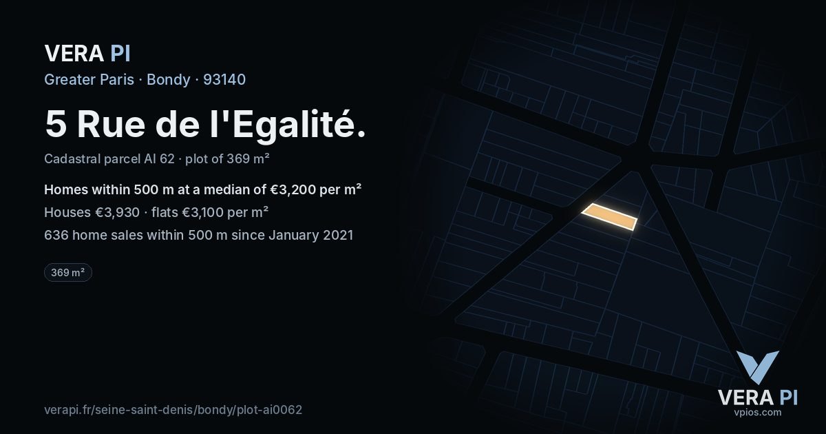 5 Rue de l'Egalité, Bondy at night – the plot lit, the parcels around coloured by the prices near them