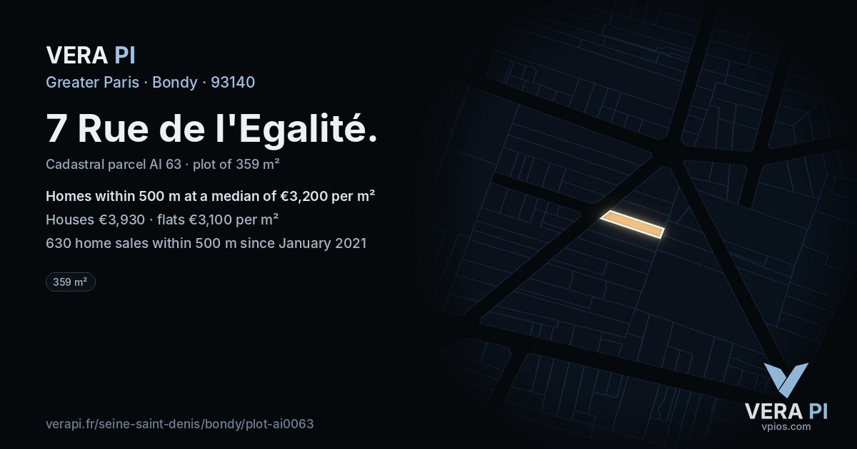 7 Rue de l'Egalité, Bondy at night – the plot lit, the parcels around coloured by the prices near them