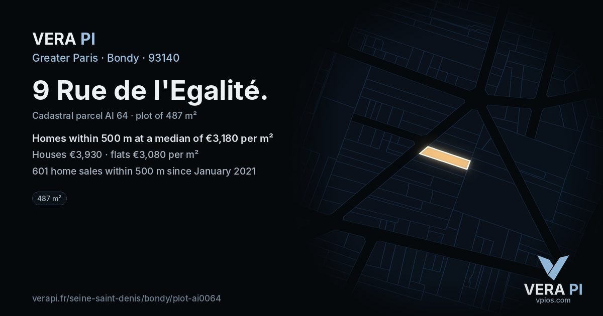 9 Rue de l'Egalité, Bondy at night – the plot lit, the parcels around coloured by the prices near them