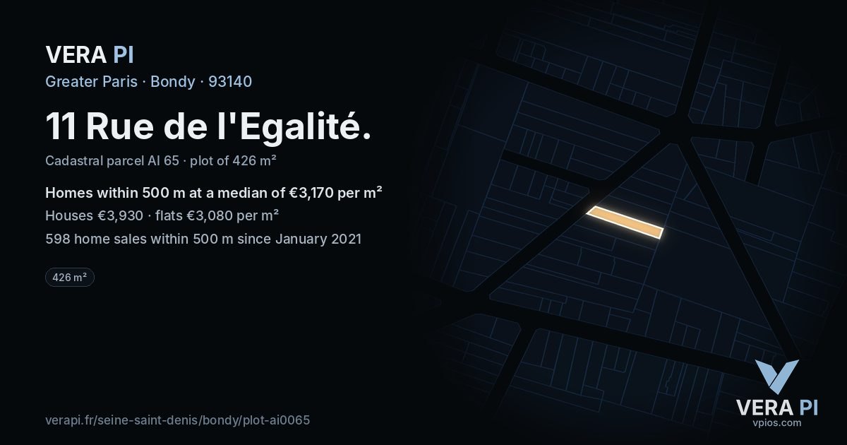 11 Rue de l'Egalité, Bondy at night – the plot lit, the parcels around coloured by the prices near them