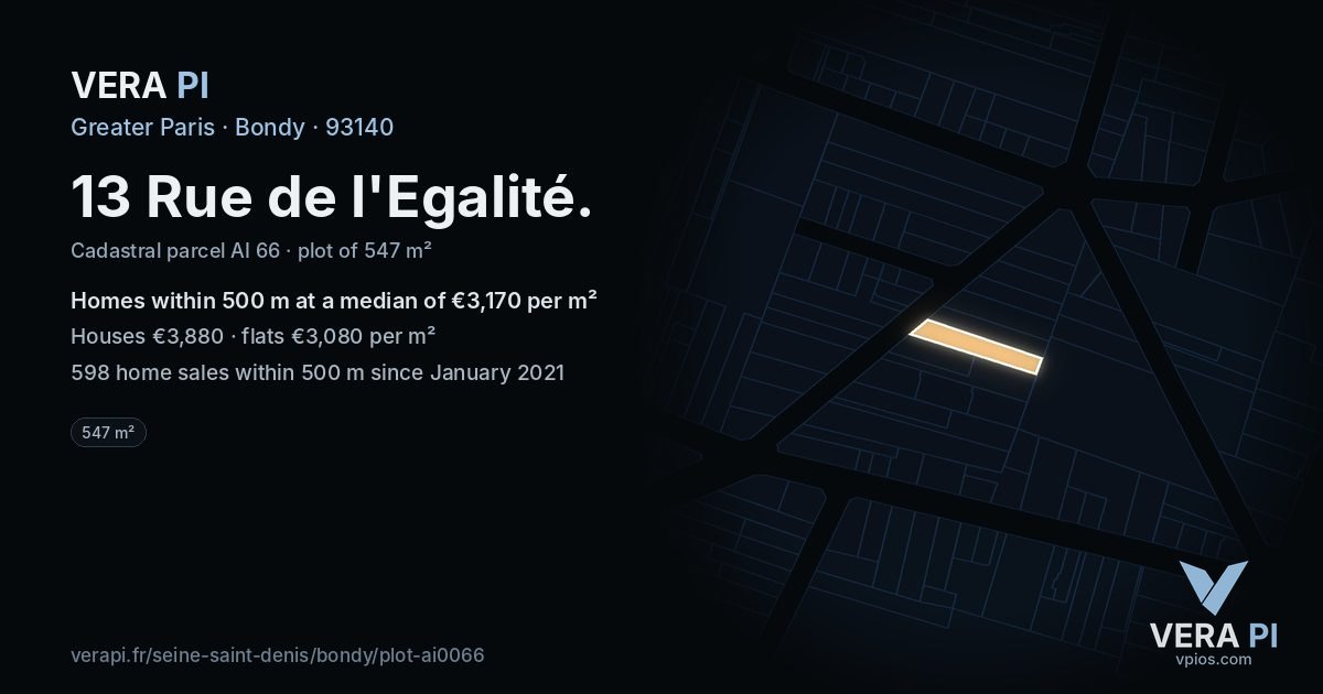 13 Rue de l'Egalité, Bondy at night – the plot lit, the parcels around coloured by the prices near them