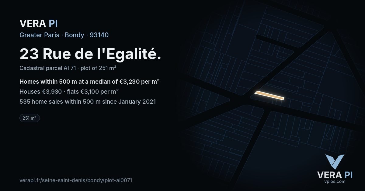 23 Rue de l'Egalité, Bondy at night – the plot lit, the parcels around coloured by the prices near them