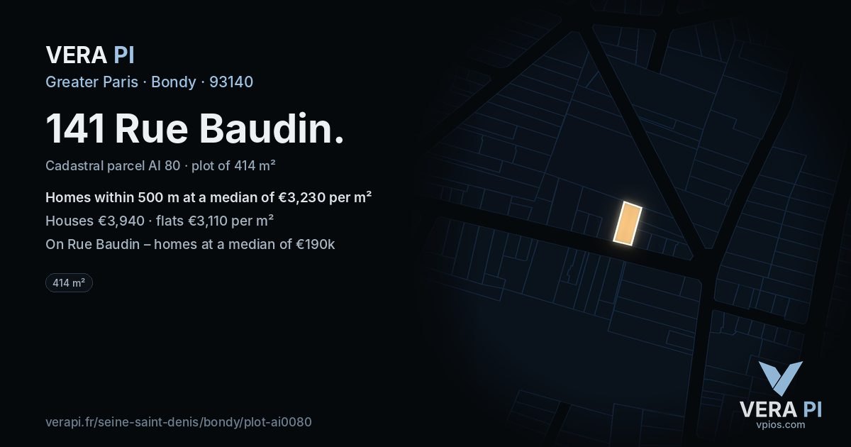 141 Rue Baudin, Bondy at night – the plot lit, the parcels around coloured by the prices near them