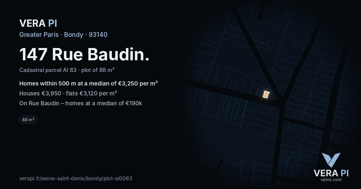 147 Rue Baudin, Bondy at night – the plot lit, the parcels around coloured by the prices near them