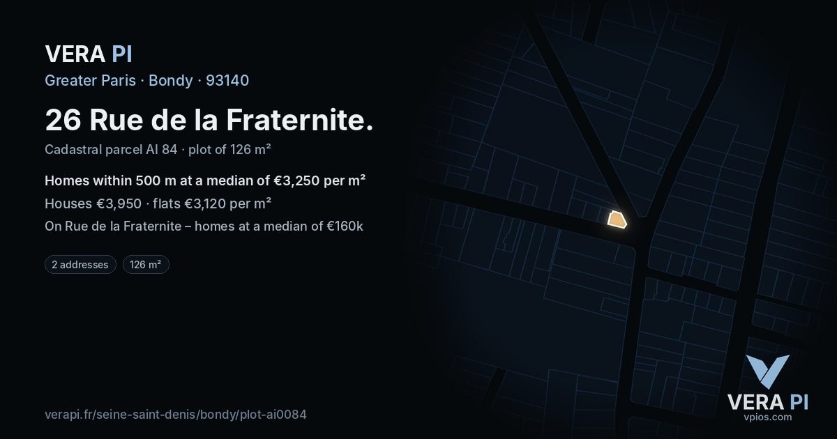 26 Rue de la Fraternite, Bondy at night – the plot lit, the parcels around coloured by the prices near them