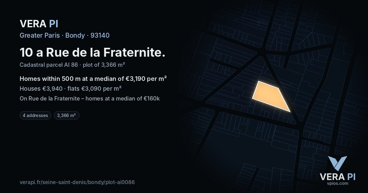 10 a Rue de la Fraternite, Bondy at night – the plot lit, the parcels around coloured by the prices near them
