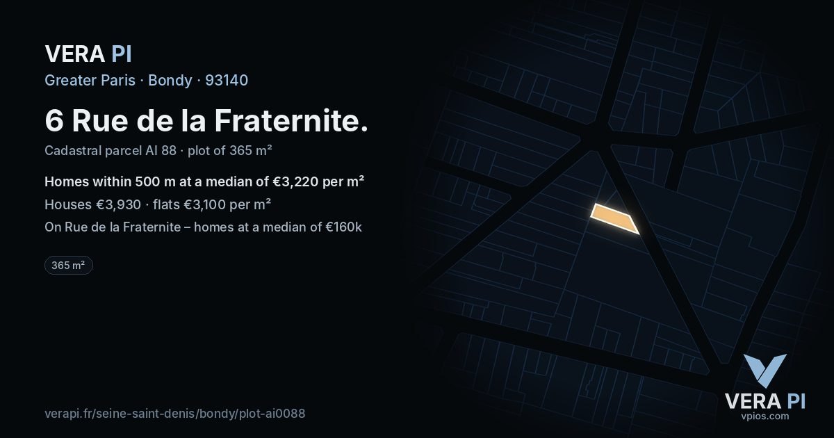 6 Rue de la Fraternite, Bondy at night – the plot lit, the parcels around coloured by the prices near them