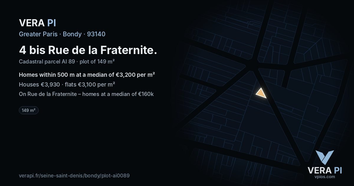 4 bis Rue de la Fraternite, Bondy at night – the plot lit, the parcels around coloured by the prices near them