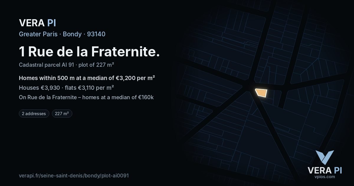 1 Rue de la Fraternite, Bondy at night – the plot lit, the parcels around coloured by the prices near them