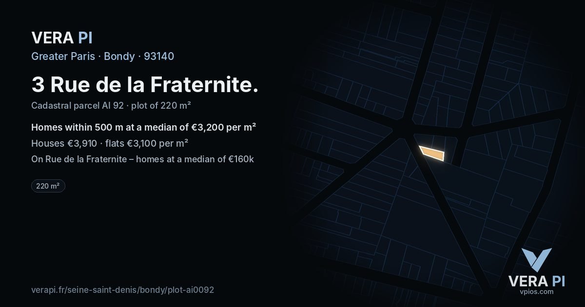 3 Rue de la Fraternite, Bondy at night – the plot lit, the parcels around coloured by the prices near them