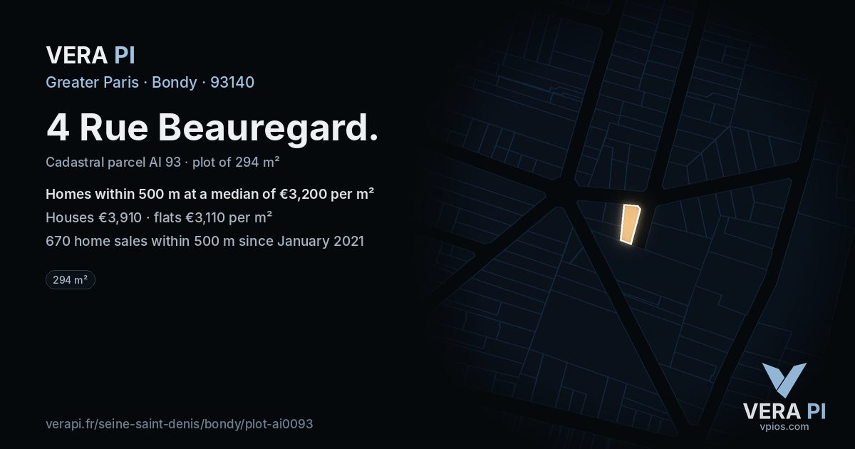 4 Rue Beauregard, Bondy at night – the plot lit, the parcels around coloured by the prices near them