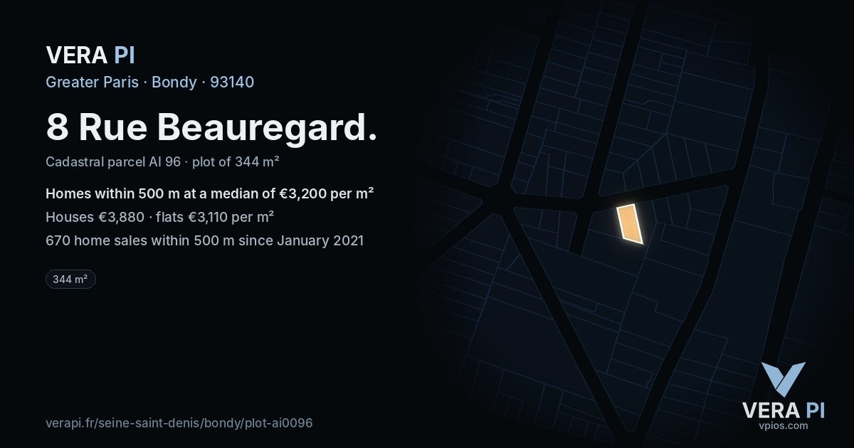 8 Rue Beauregard, Bondy at night – the plot lit, the parcels around coloured by the prices near them