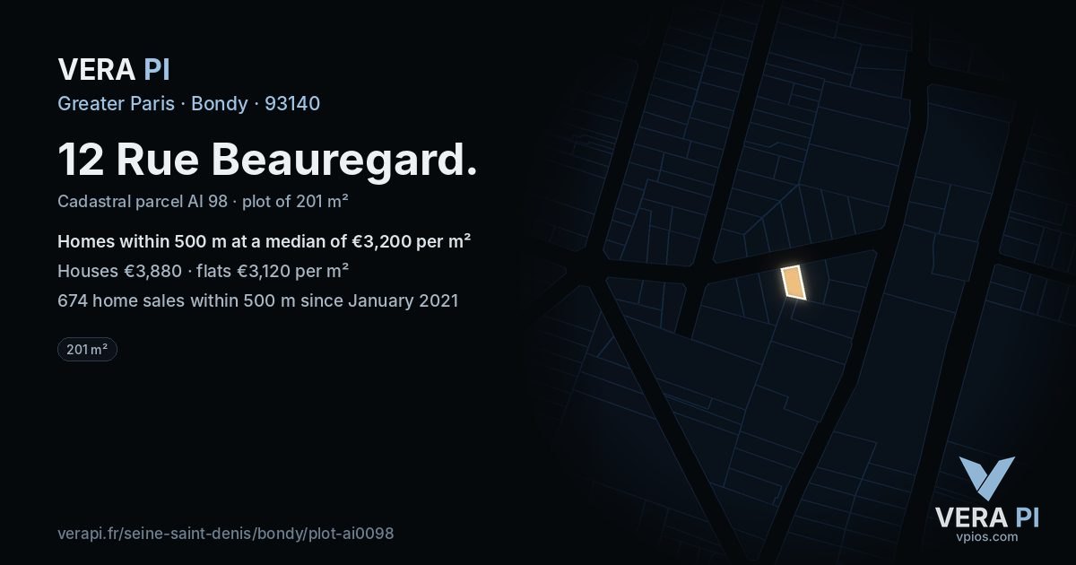 12 Rue Beauregard, Bondy at night – the plot lit, the parcels around coloured by the prices near them