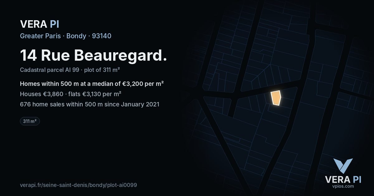 14 Rue Beauregard, Bondy at night – the plot lit, the parcels around coloured by the prices near them