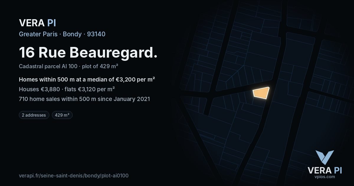 16 Rue Beauregard, Bondy at night – the plot lit, the parcels around coloured by the prices near them