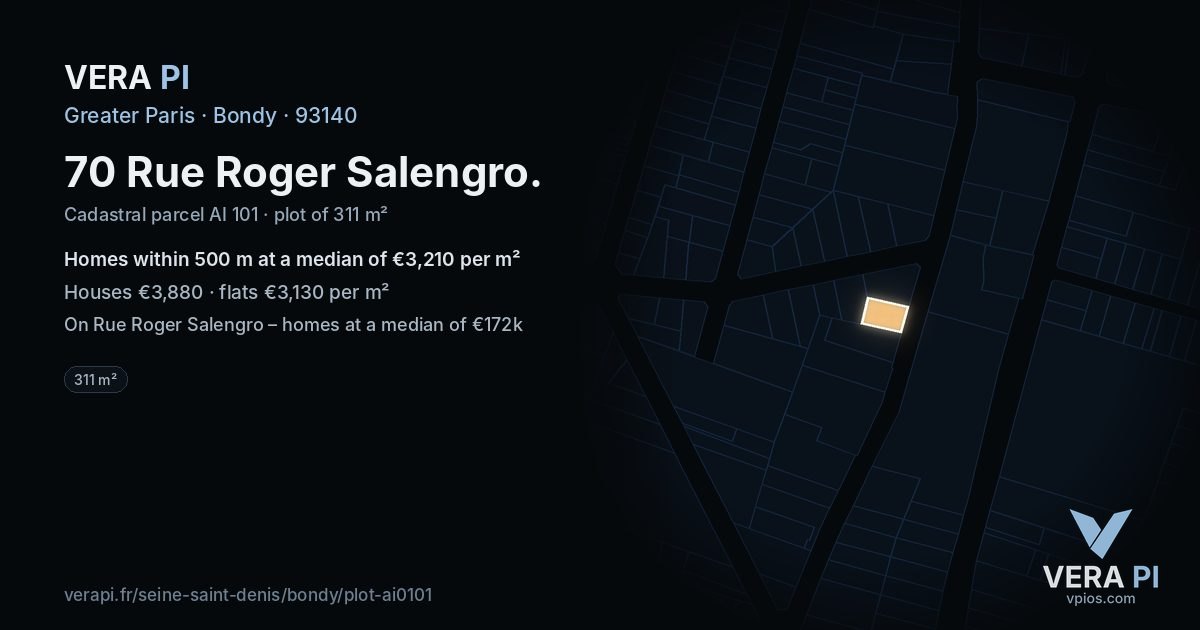 70 Rue Roger Salengro, Bondy at night – the plot lit, the parcels around coloured by the prices near them