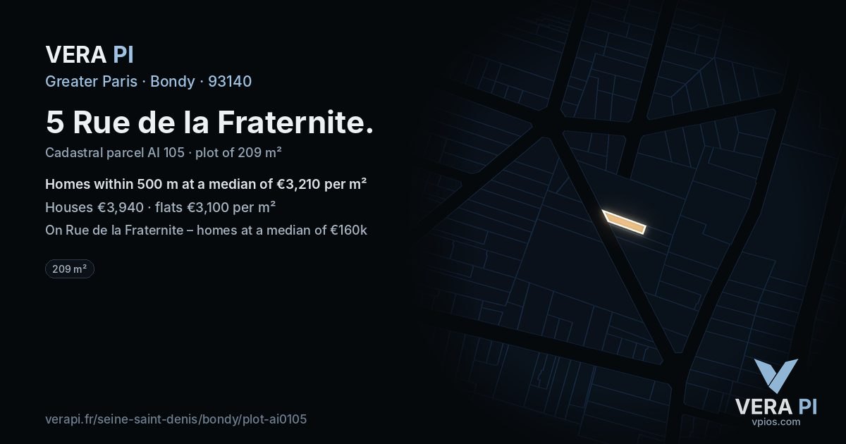 5 Rue de la Fraternite, Bondy at night – the plot lit, the parcels around coloured by the prices near them