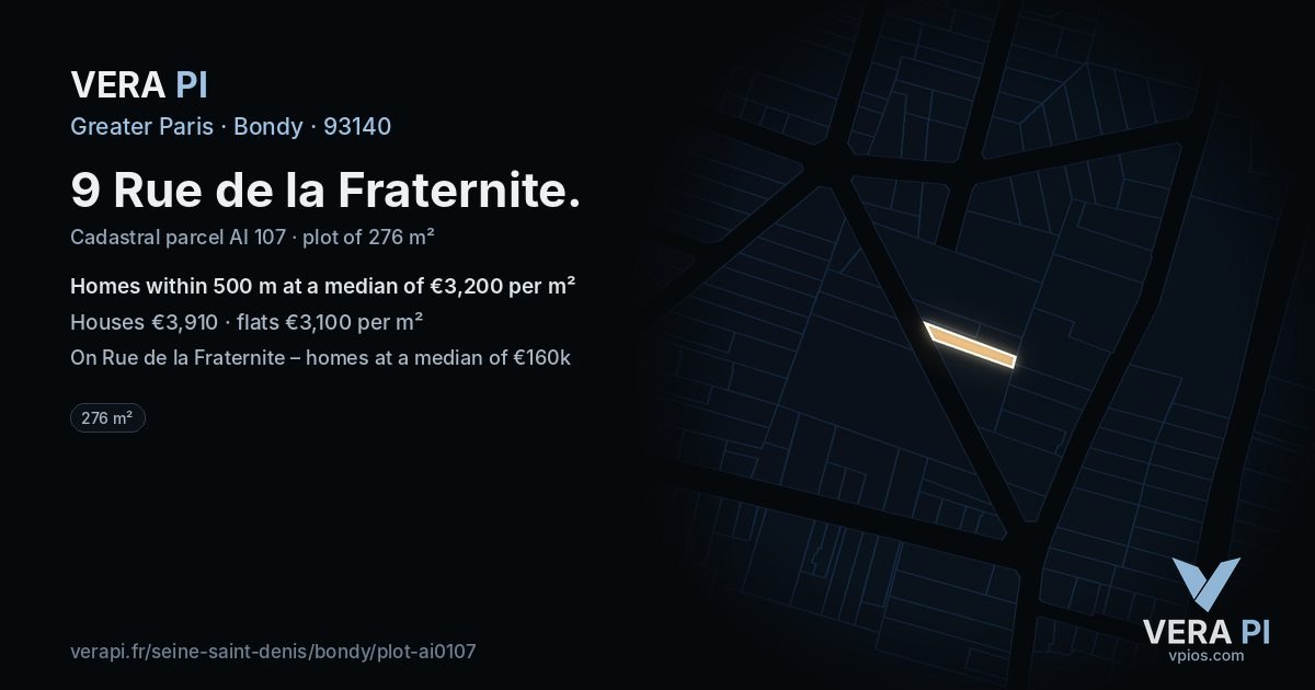 9 Rue de la Fraternite, Bondy at night – the plot lit, the parcels around coloured by the prices near them
