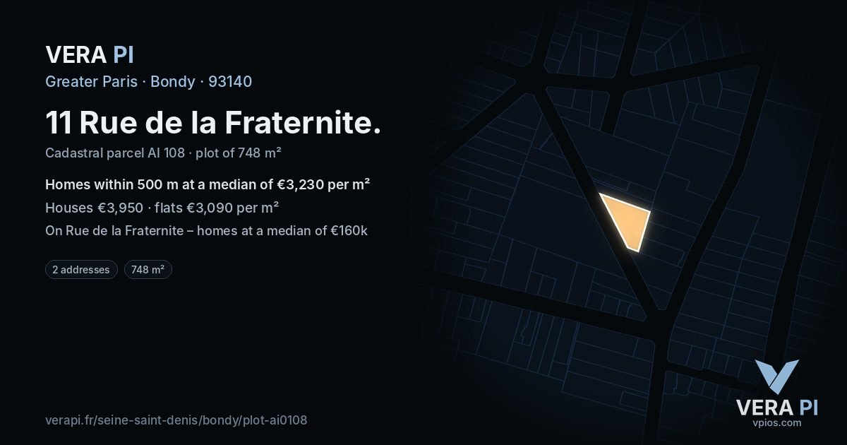 11 Rue de la Fraternite, Bondy at night – the plot lit, the parcels around coloured by the prices near them