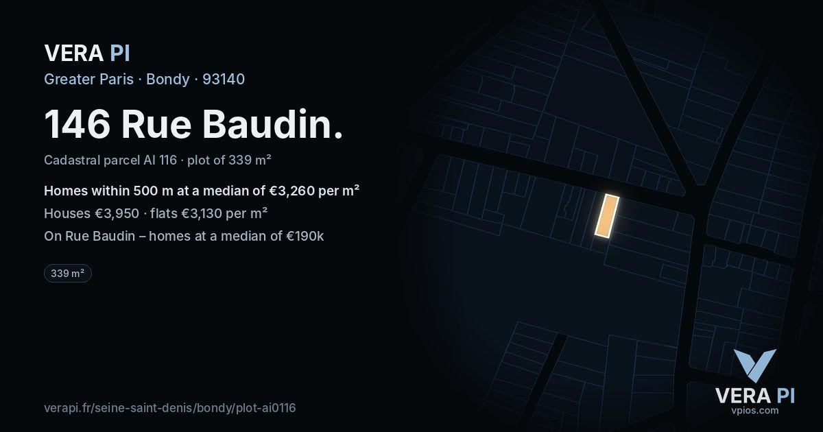 146 Rue Baudin, Bondy at night – the plot lit, the parcels around coloured by the prices near them