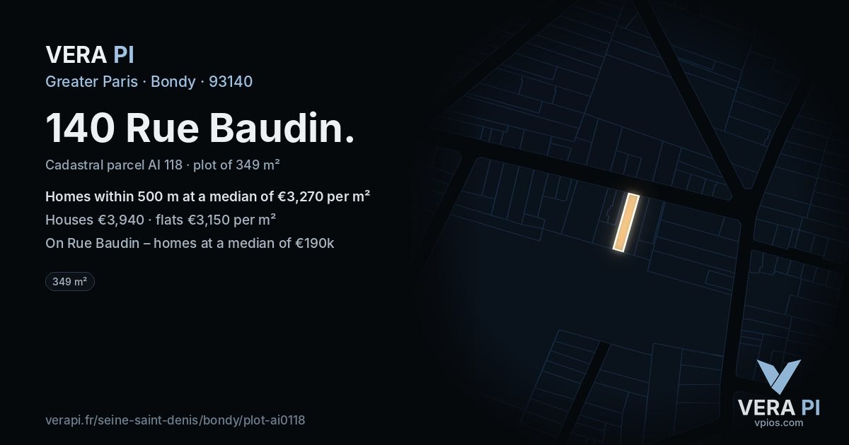 140 Rue Baudin, Bondy at night – the plot lit, the parcels around coloured by the prices near them