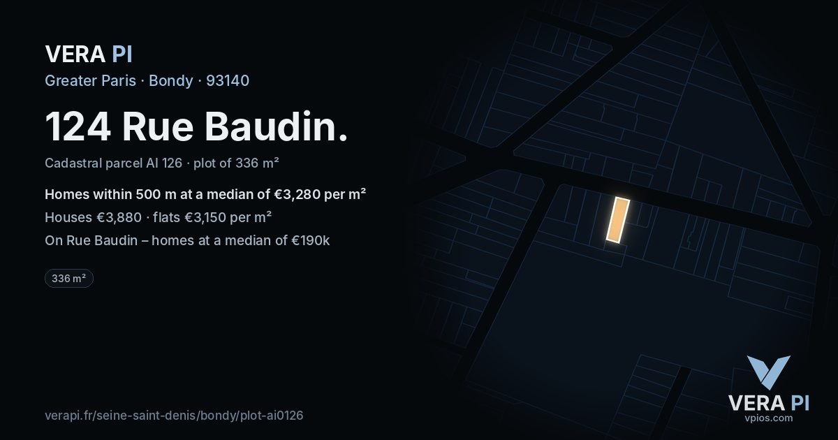 124 Rue Baudin, Bondy at night – the plot lit, the parcels around coloured by the prices near them