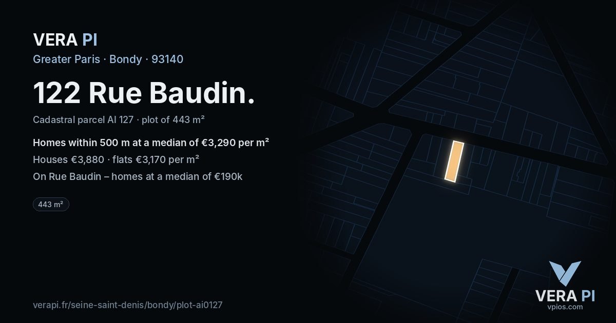 122 Rue Baudin, Bondy at night – the plot lit, the parcels around coloured by the prices near them